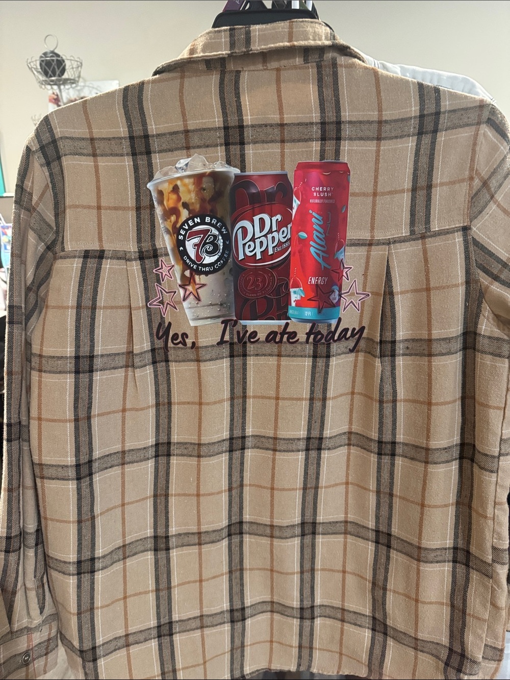 Graphic Plaid Button-Up Shirt with Soda Can Patch